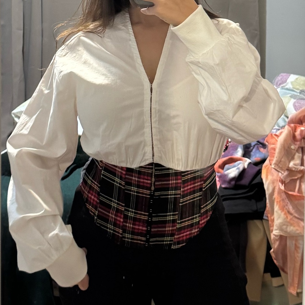 AKIRA White Blouse with Black and Red Plaid Corset